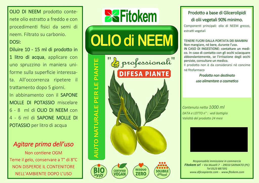 OLIO DI NEEM  DA 1 LITRO FITOKEM CON TAPPO DOSATORE