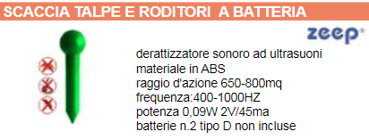 SCACCIA TALPE RODITORI ZEEP ULTRASUONI CM.28 MQ.800