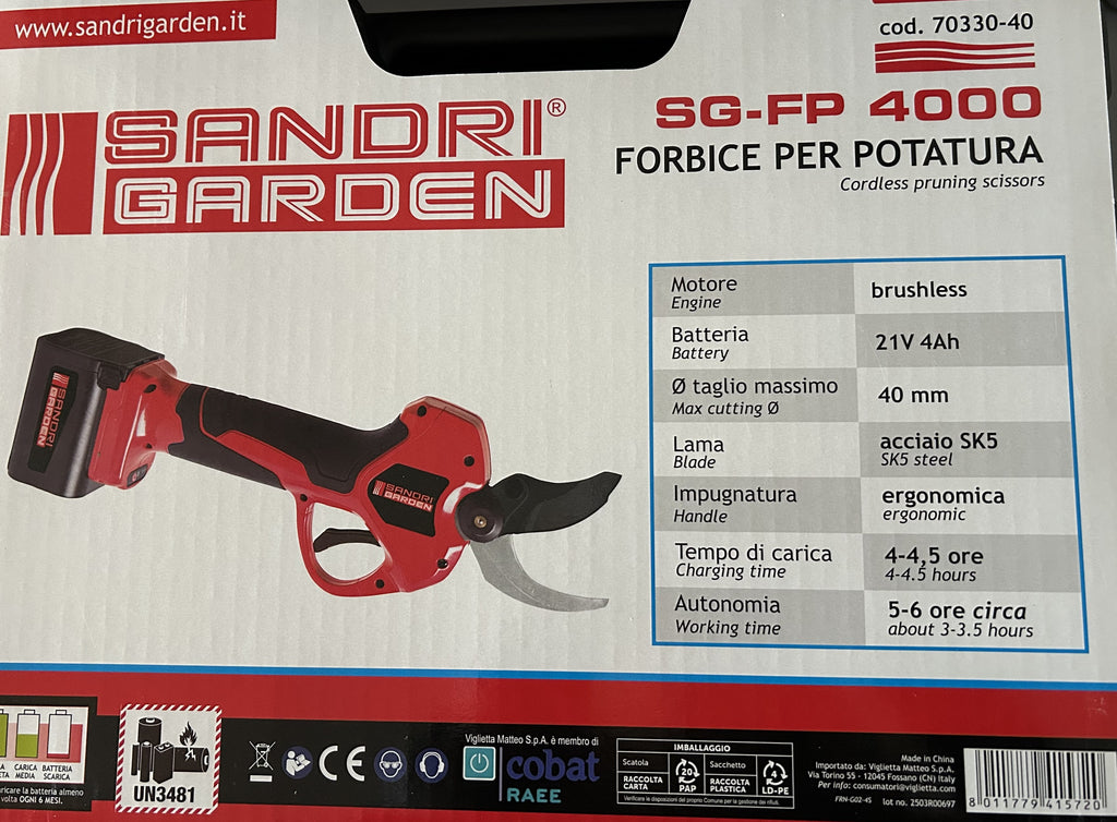 FORBICE BATTERIA SG-FP 4000 DIAM.40 MM CON 2 BATTERIE SANDRI GARDEN