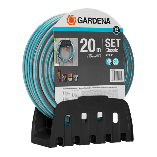 SET TUBO CLASSIC 20 METRI DA 13 MM + RACCORDI+LANCIA+AVVOL GARDENA