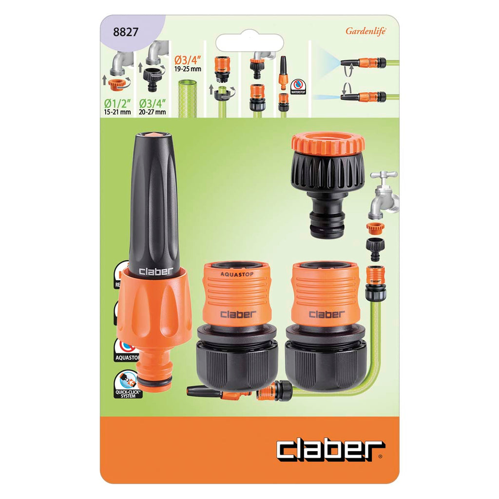 KIT RACCORDI TUBO 3/4(19-25) RACCORDO+ACQUASTOP+LANCIA +PRESA CLABER
