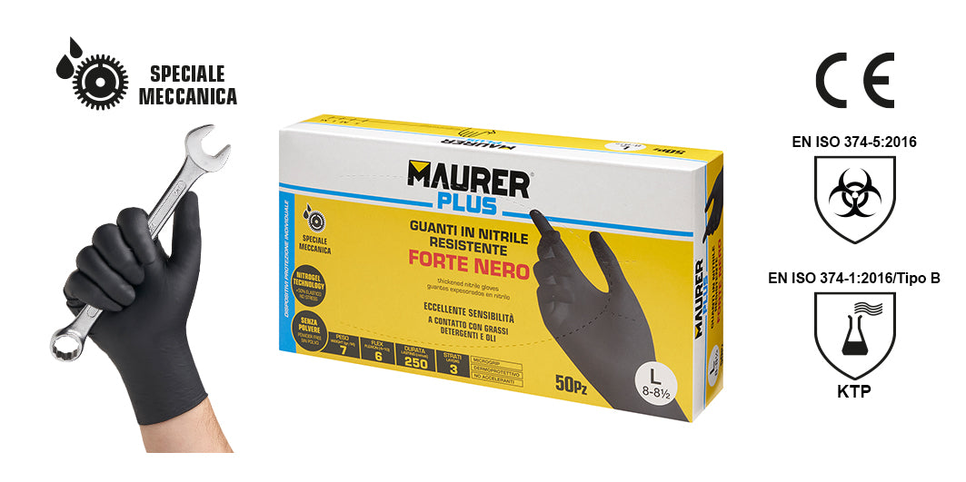GUANTI MONOUSO NITRILE "FORTE"TG.L(8-8 1/2) NERO MAURER PLUS 50 PZ
