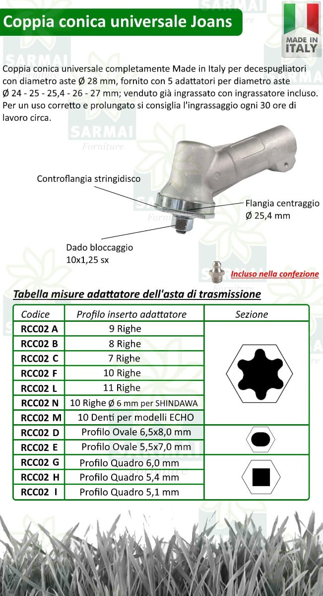 COPPIA CONICA UNIVERSALE PER DECESPUGLIATORE D 24/25/25.4/26/27/28