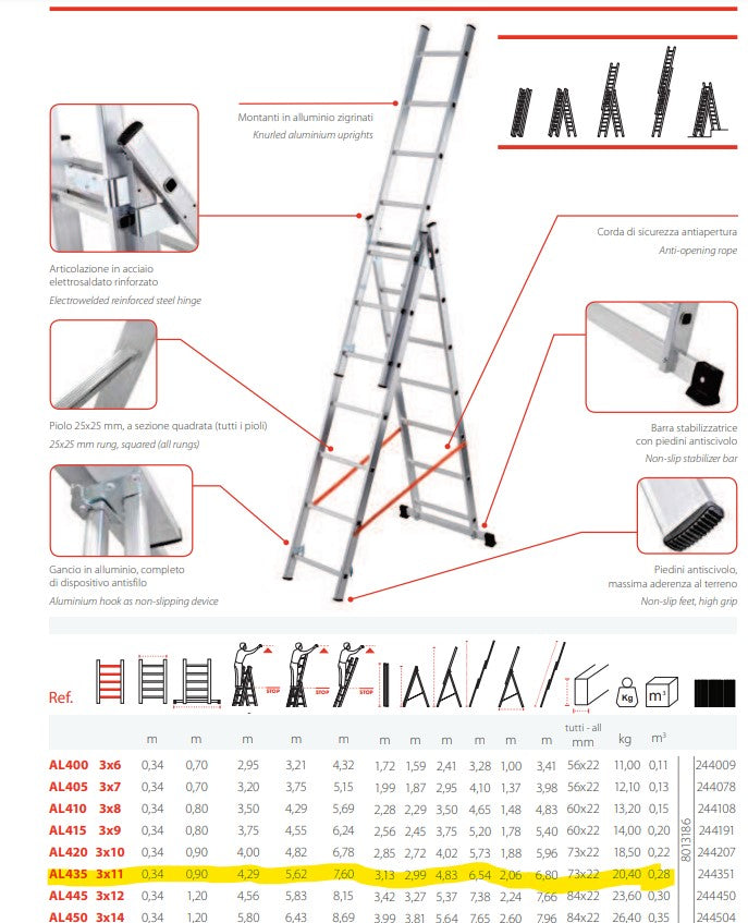 SCALA TRASFORMABILE TRIPLA IN ALLUMINIO AL 435 MT. 4.28 GIERRE