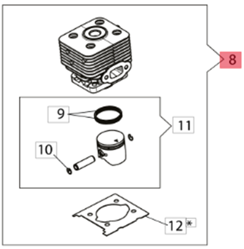 CILINDRO CON PISTONE DIAM.34 SPIN.8MM DECESPUGLIATORE BCH250 OLEOMAC