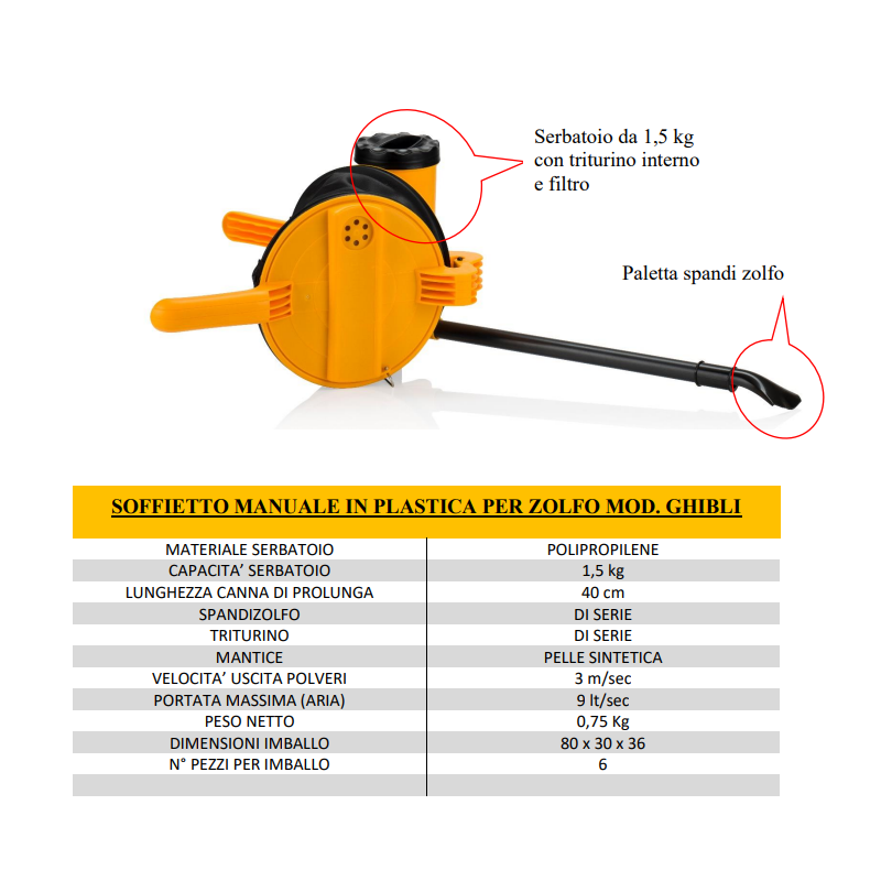 SOFFIETTO POLVERI CON TRITURINO SOLFORATRICE MANUALE PER ZOLFO
