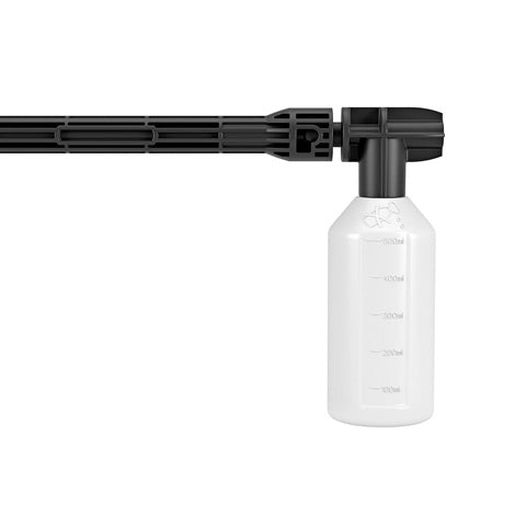 Set spray detergente
Per lo sporco ostinato, è possibile aggiungere detersivo al getto spray. Per fare ciò, il flacone del detergente viene semplicemente fissato alla lancia di spruzzatura